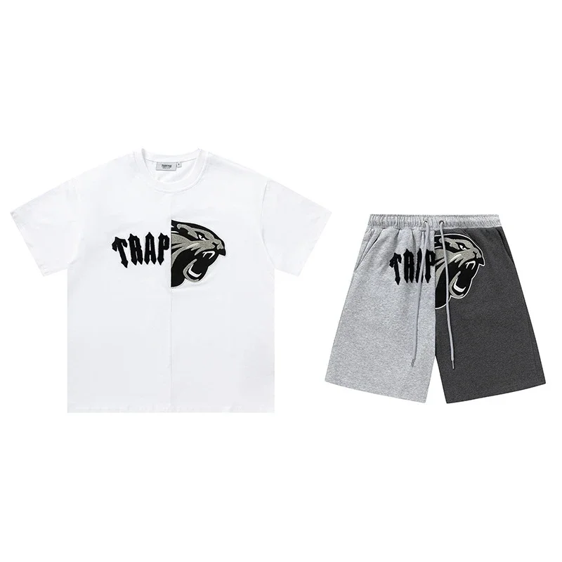 Gradient letters white and blue towel embroidery short-sleeved T-shirt shorts men's couple casual suit ins