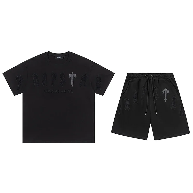 Gradient letters white and blue towel embroidery short-sleeved T-shirt shorts men's couple casual suit ins