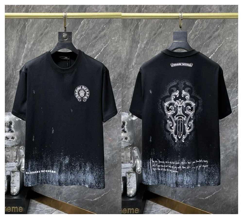 Cross horseshoe patchwork leather and ruffled short-sleeved T-shirt