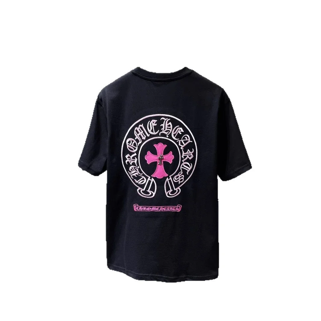 Cross horseshoe patchwork leather and ruffled short-sleeved T-shirt