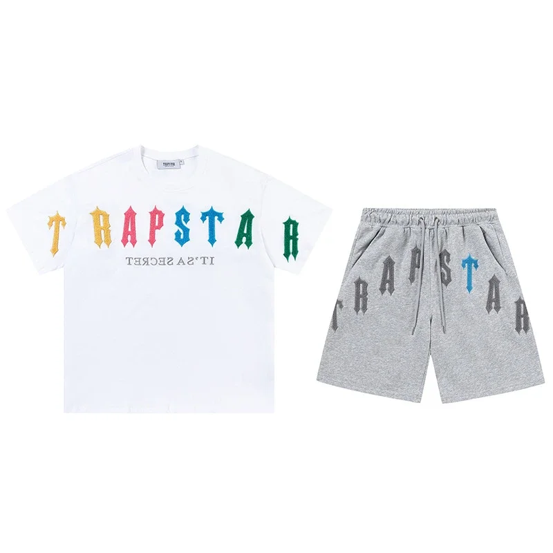 Gradient letters white and blue towel embroidery short-sleeved T-shirt shorts men's couple casual suit ins