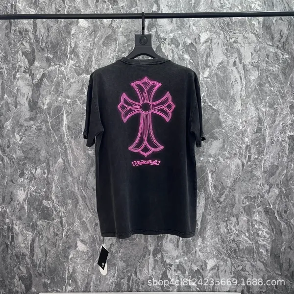 Chrome Hearts Cross Outline Pink Glow Black T-Shirt - 1