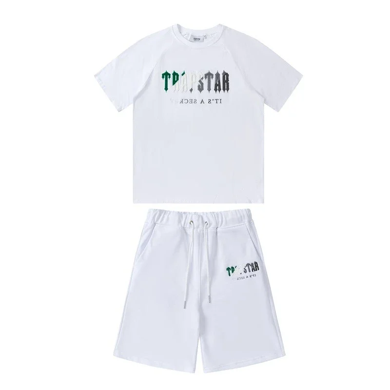 Gradient letters white and blue towel embroidery short-sleeved T-shirt shorts men's couple casual suit ins