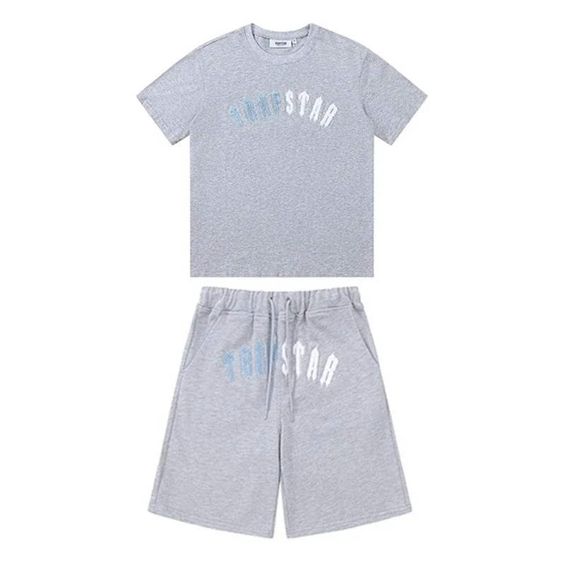 Gradient letters white and blue towel embroidery short-sleeved T-shirt shorts men's couple casual suit ins