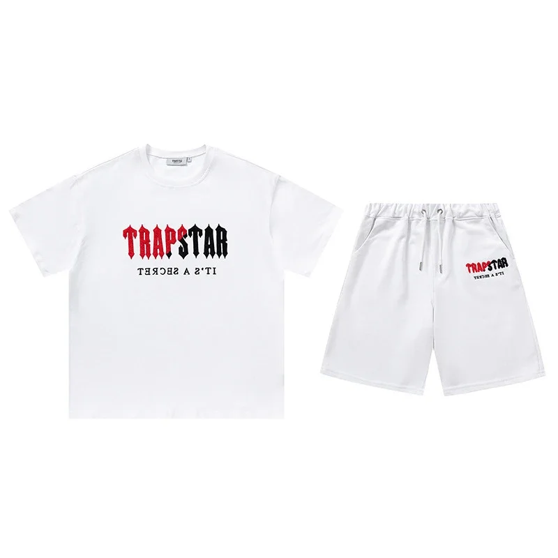 Gradient letters white and blue towel embroidery short-sleeved T-shirt shorts men's couple casual suit ins