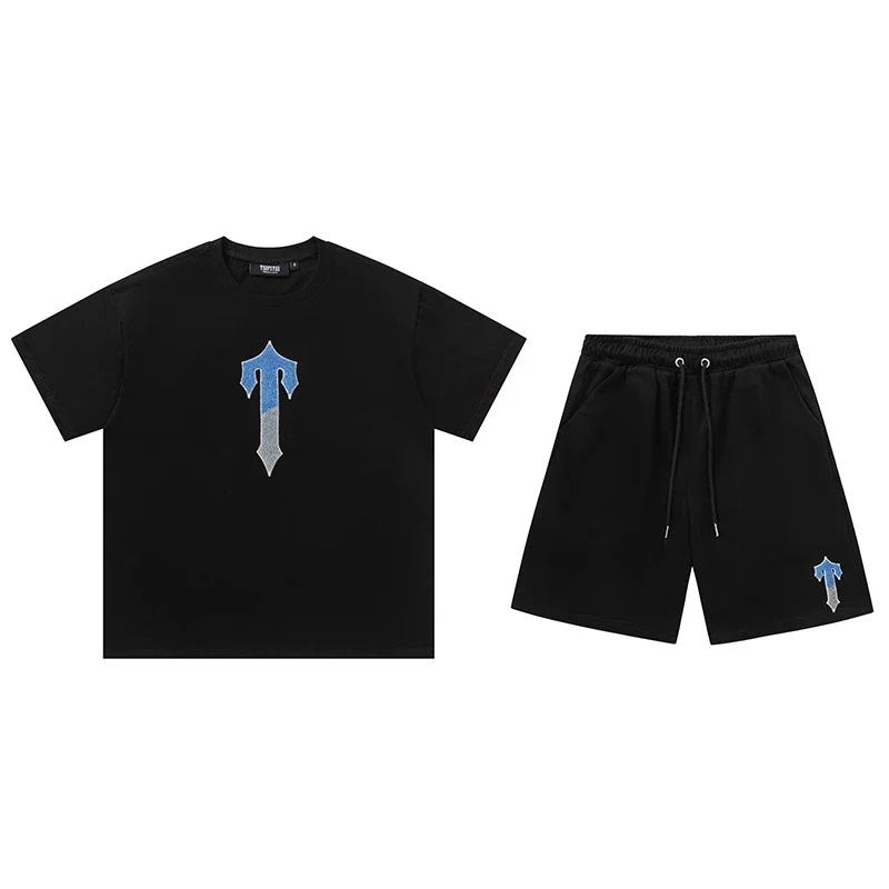 Gradient letters white and blue towel embroidery short-sleeved T-shirt shorts men's couple casual suit ins