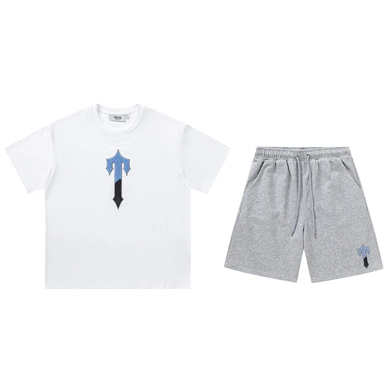 Gradient letters white and blue towel embroidery short-sleeved T-shirt shorts men's couple casual suit ins