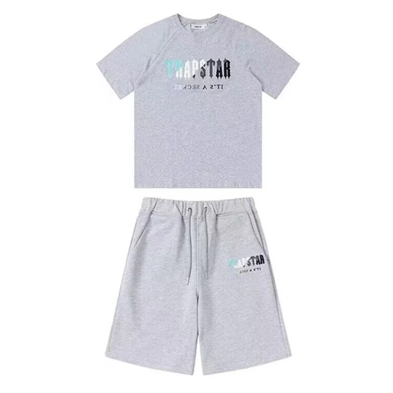Gradient letters white and blue towel embroidery short-sleeved T-shirt shorts men's couple casual suit ins