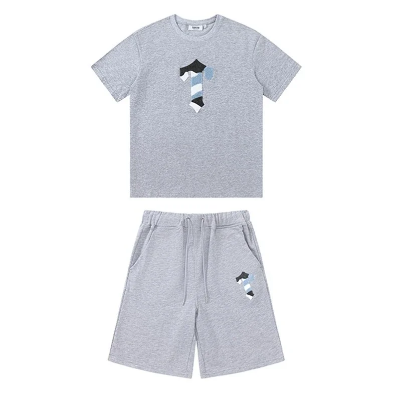 Gradient letters white and blue towel embroidery short-sleeved T-shirt shorts men's couple casual suit ins