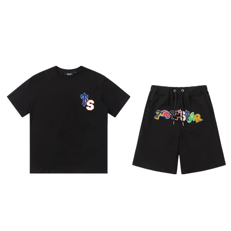 Gradient letters white and blue towel embroidery short-sleeved T-shirt shorts men's couple casual suit ins