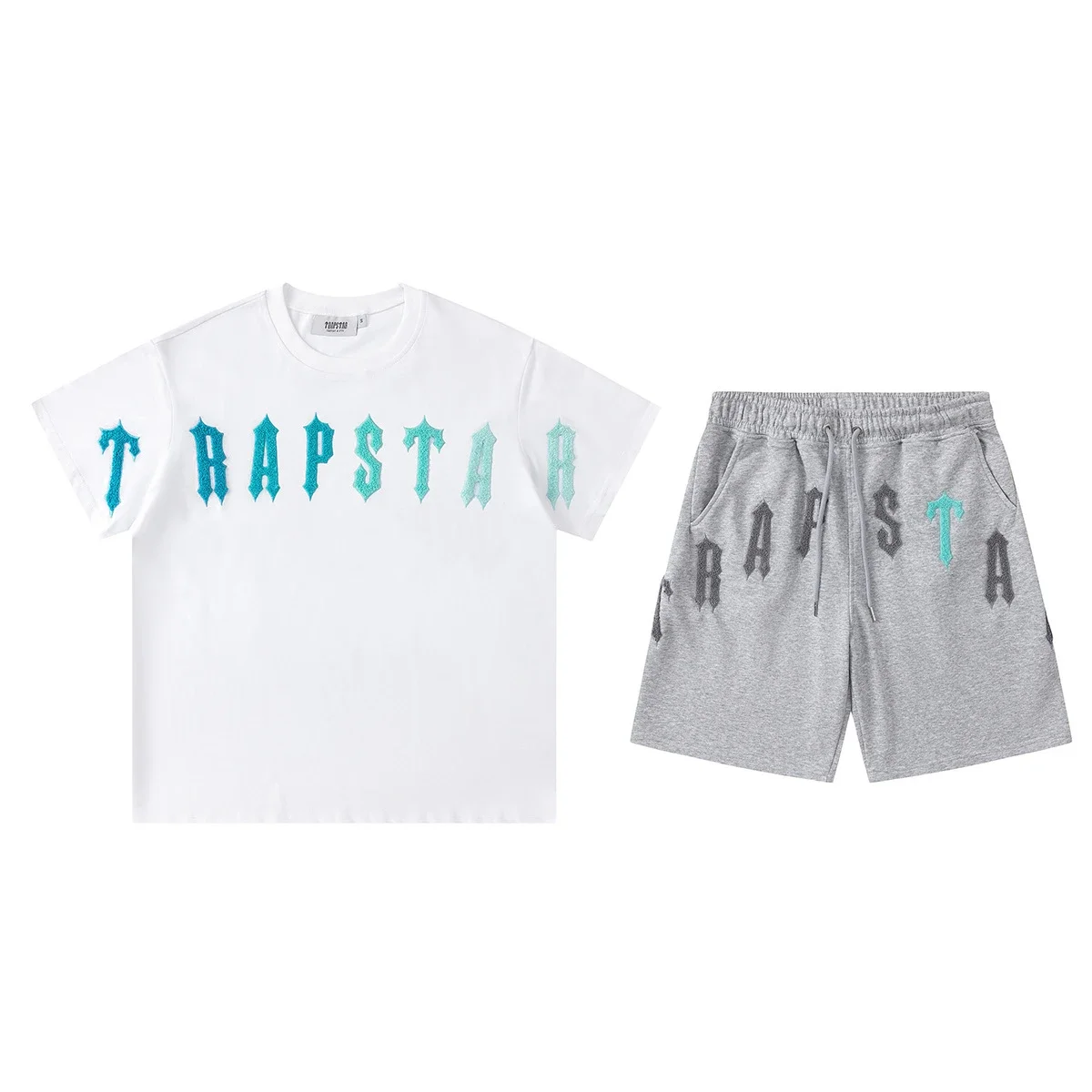 Gradient letters white and blue towel embroidery short-sleeved T-shirt shorts men's couple casual suit ins