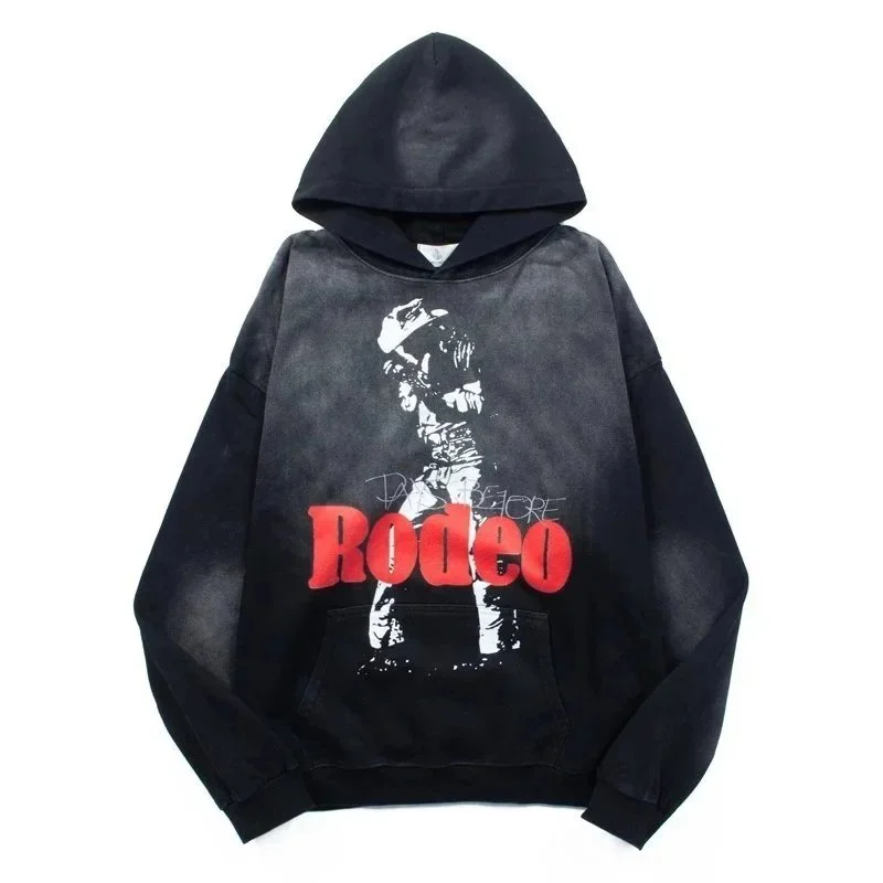 420g heavyweight washed sweatshirt American high street trendy brand travis scott hooded sweatshirt washed spray Ma Liu distressed retro male and female couple autumn Rodeo pure cotton terry