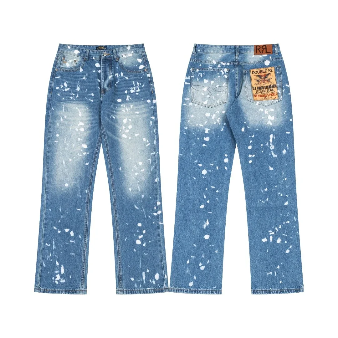 Scannable high version of Raff RL spring and summer new retro patch blue washed straight loose jeans couple style