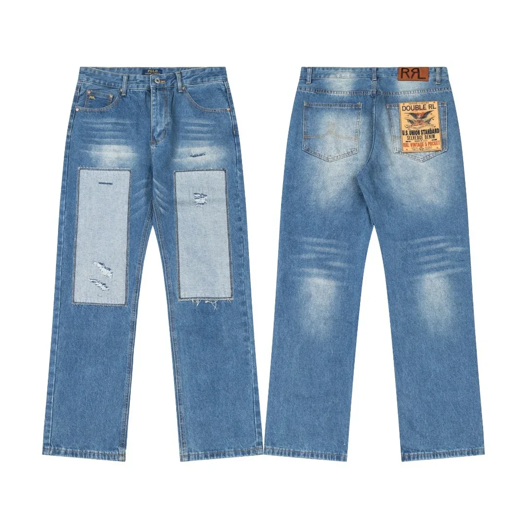 Scannable high version of Raff RL spring and summer new retro patch blue washed straight loose jeans couple style