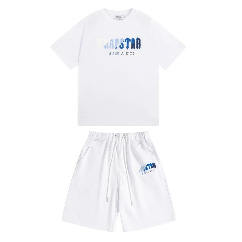Gradient letters white and blue towel embroidery short-sleeved T-shirt shorts men's couple casual suit ins