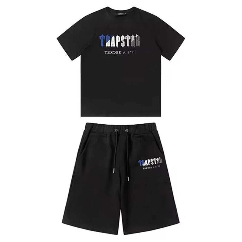 Gradient letters white and blue towel embroidery short-sleeved T-shirt shorts men's couple casual suit ins