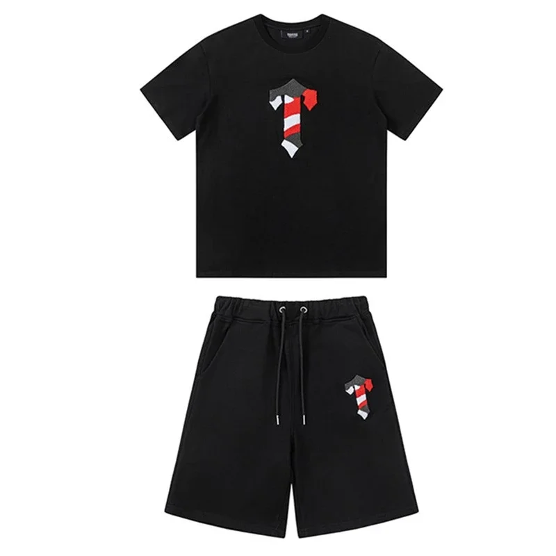 Gradient letters white and blue towel embroidery short-sleeved T-shirt shorts men's couple casual suit ins