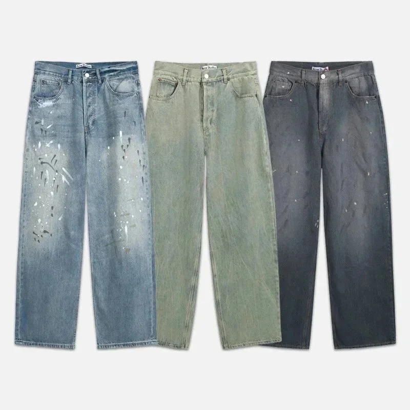 AC hand-painted splash-ink frayed washed distressed wide-leg jeans