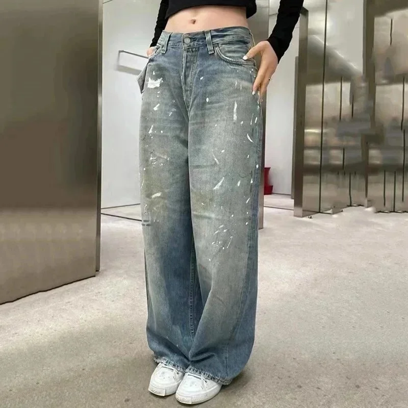 AC hand-painted splash-ink frayed washed distressed wide-leg jeans