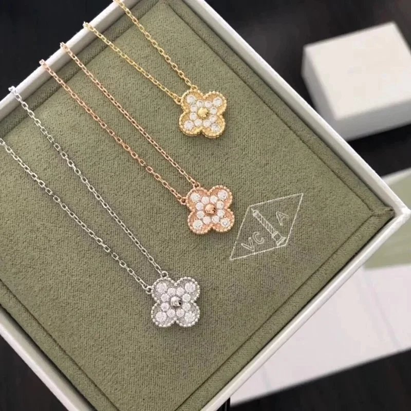 Van Cleef & Arpels Style Rose Gold-Tone Red Clover Pendant Necklace
