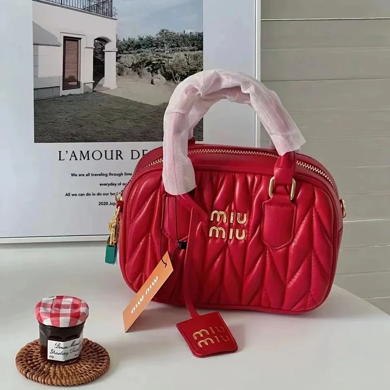miu lambskin pleated bowling ball Boston daughter carries a small square bag versatile one-shoulder cross-body for women