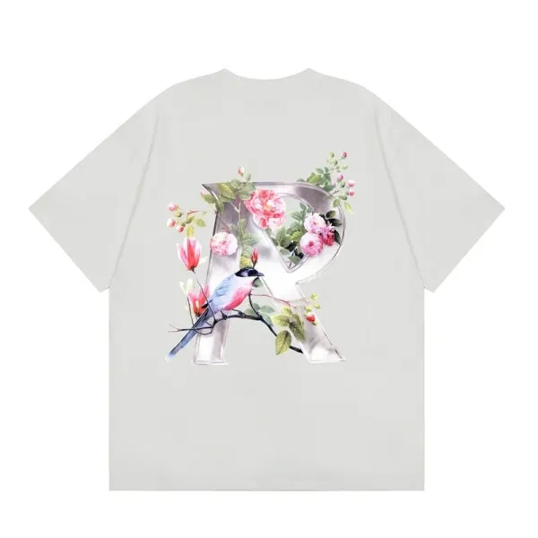 R Letter Floral Embroidery Graphic T-Shirt - 1