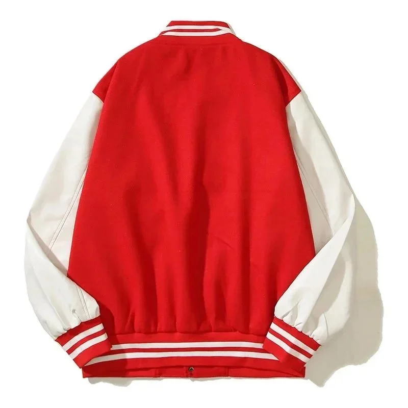 [Longfengni Lined Fabric] Autumn American Travis Scott autumn and winter casual towel embroidery for male and female students splicing leather sleeves loose baseball uniform jacket jacket ba
