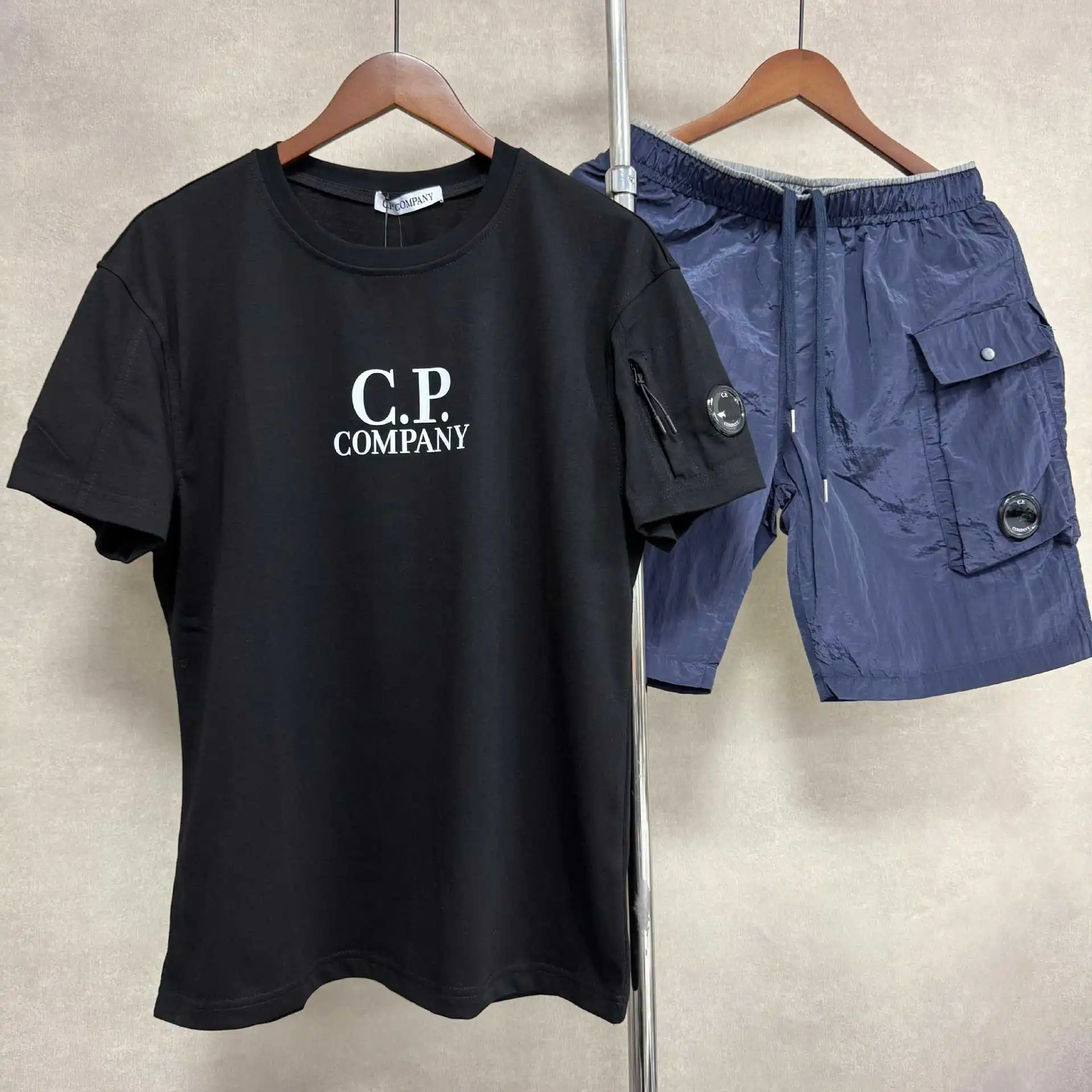 CP cross-border COMPANY sleeves zipper button decoration loose workwear sports short-sleeved shorts suit