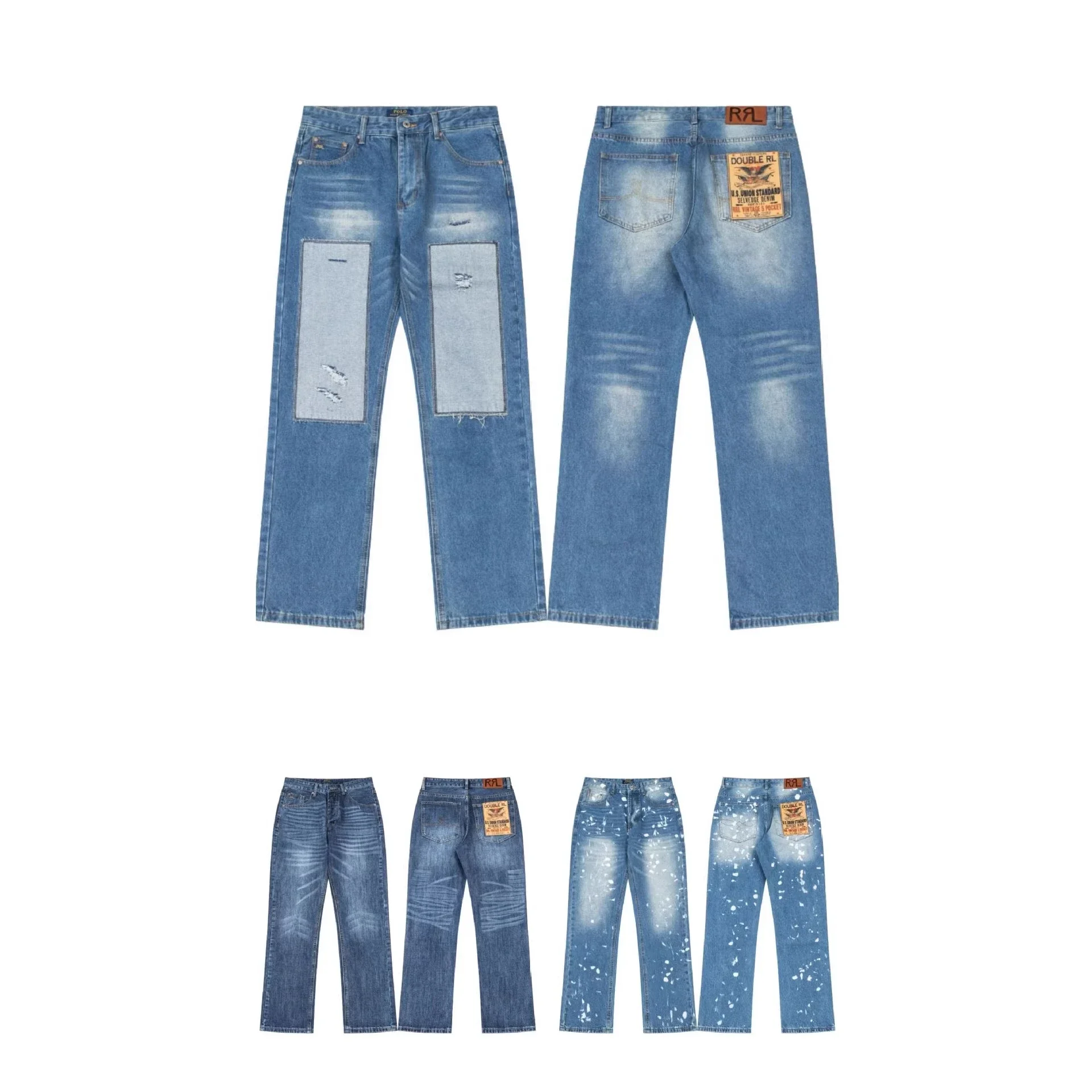 Scannable high version of Raff RL spring and summer new retro patch blue washed straight loose jeans