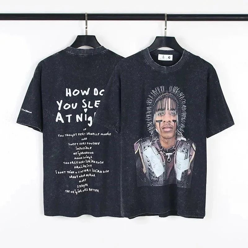 American retro high street niche Travis Scott Teezo Touchdown Utopia Tour long nail head washed and aged pure cotton round neck half-sleeved short-sleeved T-shirt