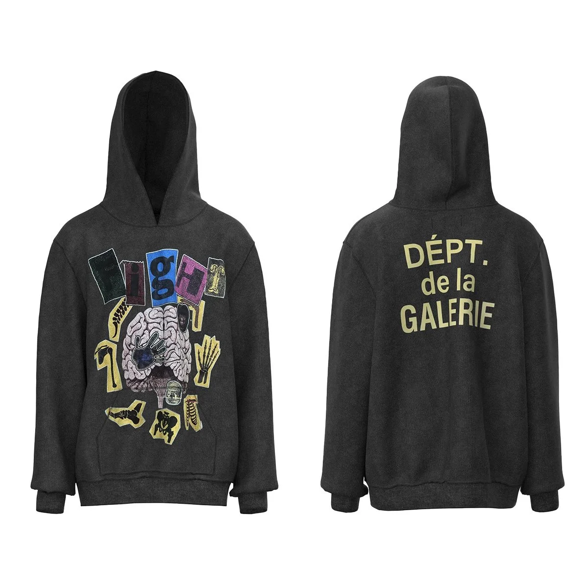 Distressed brain print casual loose hooded sweatshirt for men and women
