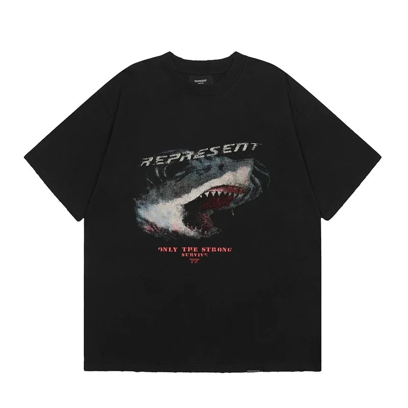 Collection Eagle Shark Pattern Printed Round Neck Short Sleeve Beauty Trendy Hip Hop