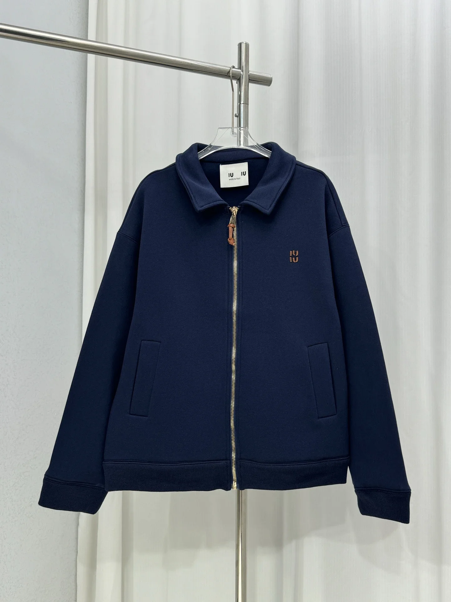 Nanyou high version MU thick plain knitted leather logo letter embroidered zipper jacket loose men's and women's jacket