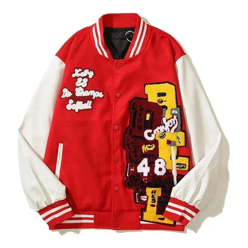 [Longfengni Lined Fabric] Autumn American Travis Scott autumn and winter casual towel embroidery for male and female students splicing leather sleeves loose baseball uniform jacket jacket ba