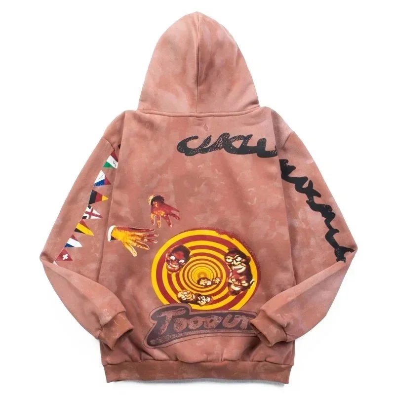 Velvet zipper sweatshirt, INS super hot, trendy, high street, retro, distressed, mud-dyed niche, Travis Scott tour commemorative autumn and winter pure cotton fleece cardigan, zipper hooded
