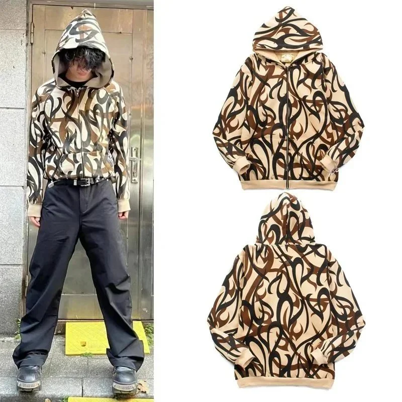 Velvet zipper sweatshirt European and American high street fashion brand hip-hop street ins star travis scott same style thorns all over print pure cotton fleece cardigan sweatshirt zipper h