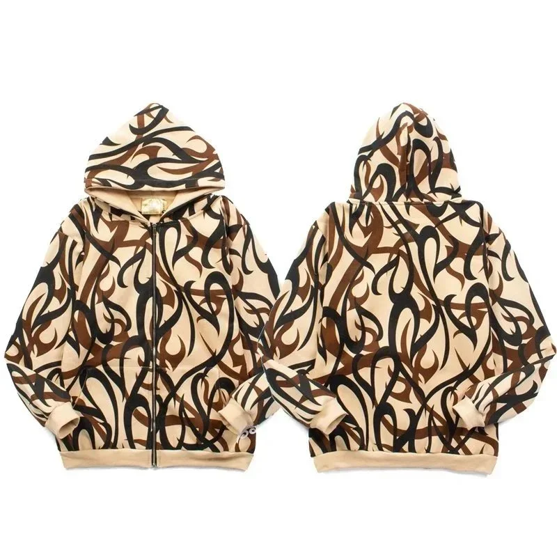 Velvet zipper sweatshirt European and American high street fashion brand hip-hop street ins star travis scott same style thorns all over print pure cotton fleece cardigan sweatshirt zipper h