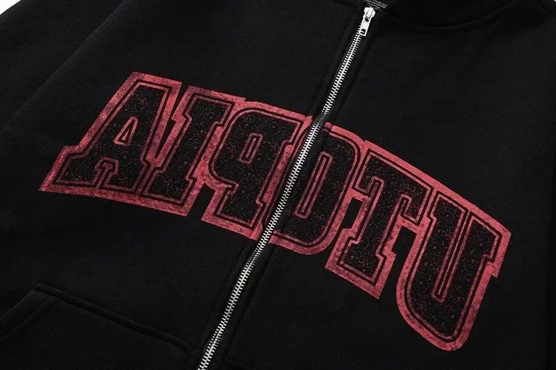 American niche high street brand Travis Scott SS23 UTOPIA limited series reverse letter printed pocket zipper pure cotton 340g cardigan plus velvet hooded sweatshirt