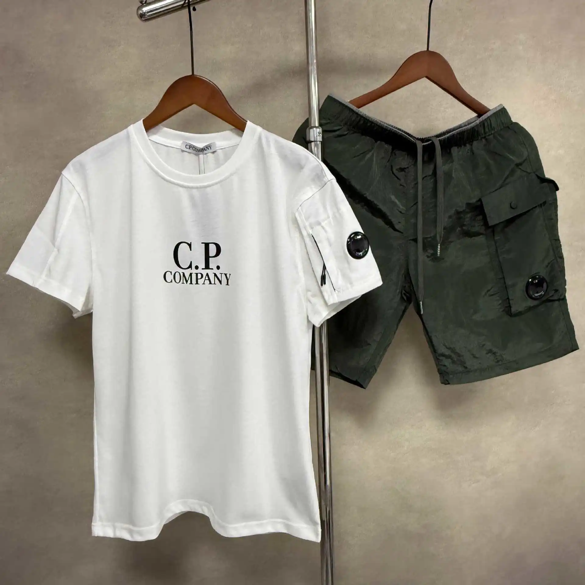 CP cross-border COMPANY sleeves zipper button decoration loose workwear sports short-sleeved shorts suit