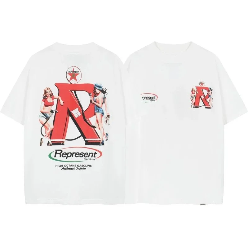 Letter print retro men's and women's couple round neck loose short-sleeved T-shirt