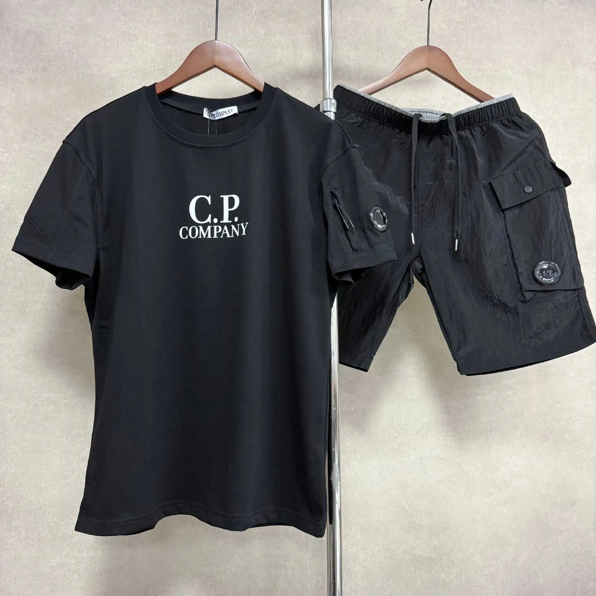 CP cross-border COMPANY sleeves zipper button decoration loose workwear sports short-sleeved shorts suit