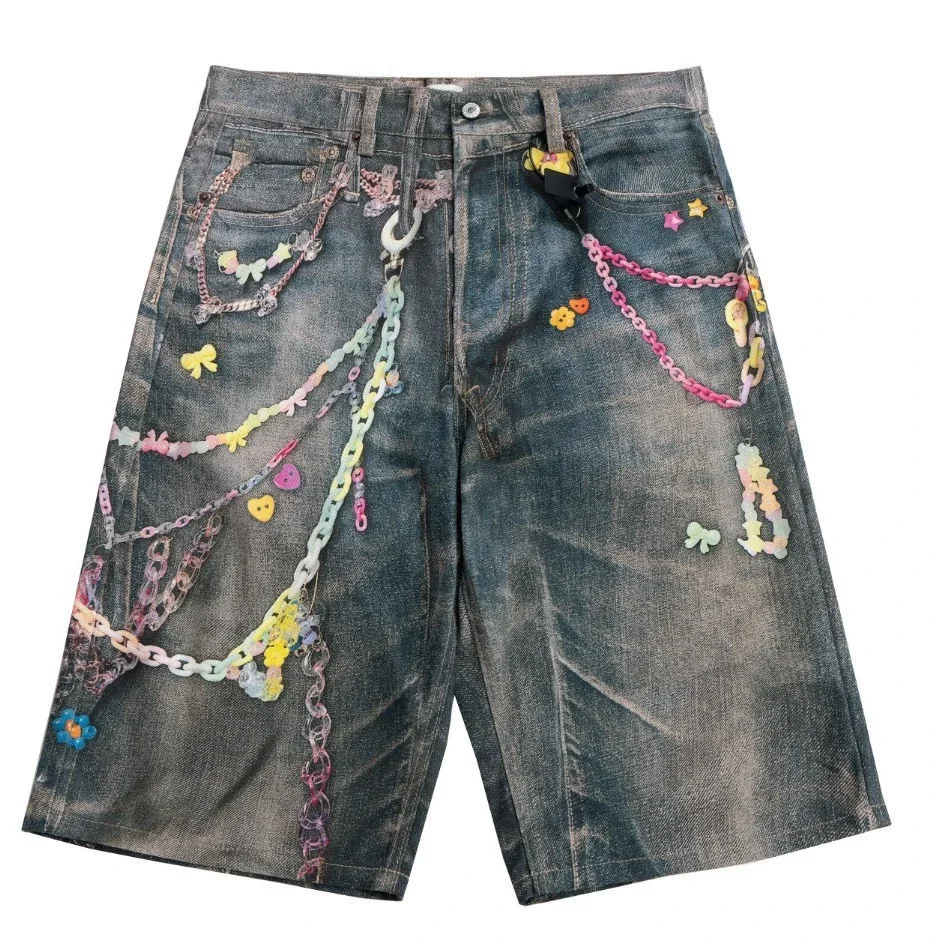Ac style 3D digital print candy chain jeans cat whiskers distressed cropped pants straight wide leg shorts product image