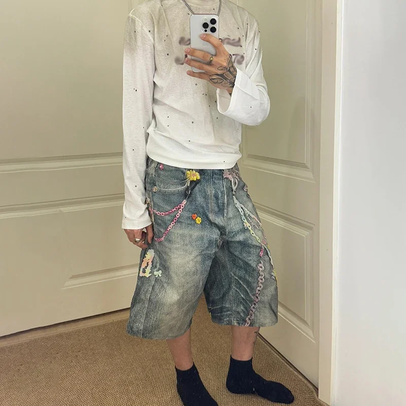 Ac style 3D digital print candy chain jeans cat whiskers distressed cropped pants straight wide leg shorts