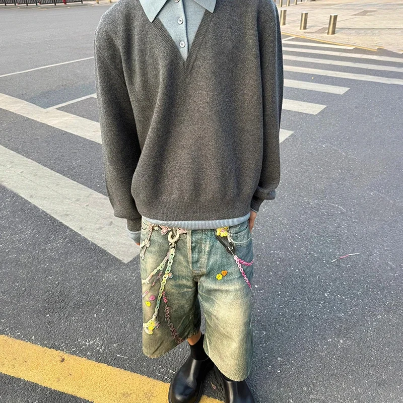 Ac style 3D digital print candy chain jeans cat whiskers distressed cropped pants straight wide leg shorts product image