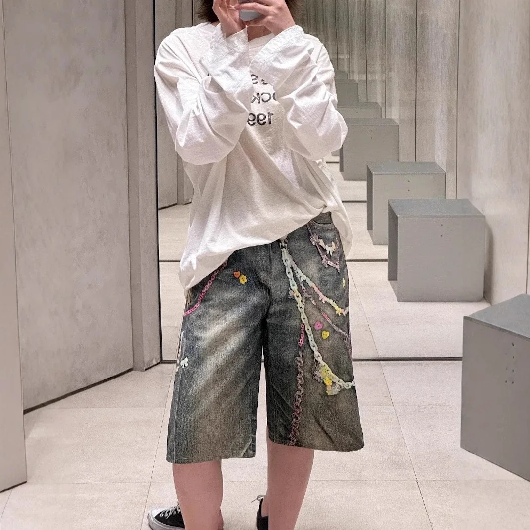 Ac style 3D digital print candy chain jeans cat whiskers distressed cropped pants straight wide leg shorts product image