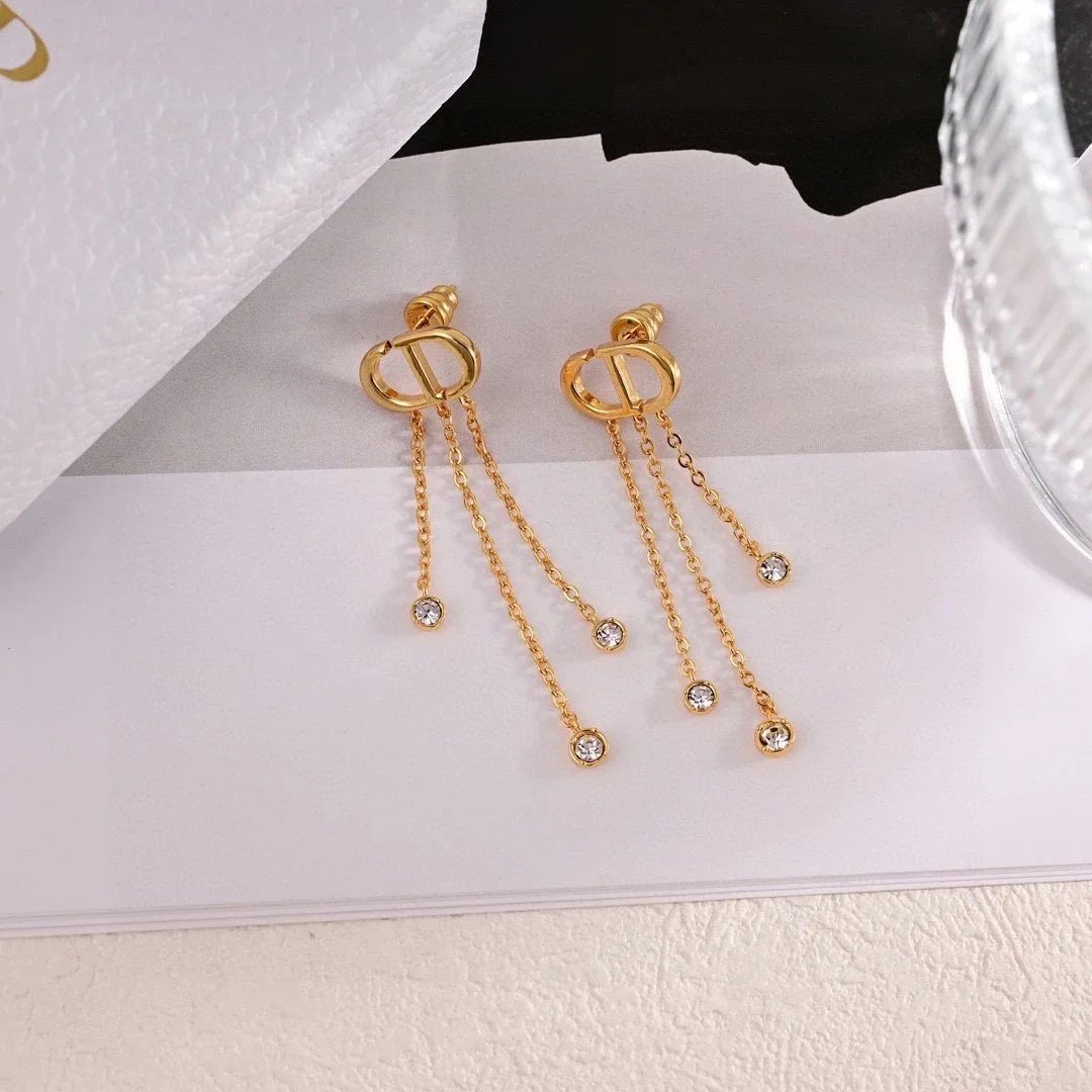 Dior CD Logo Gold Tone Crystal Drop Earrings