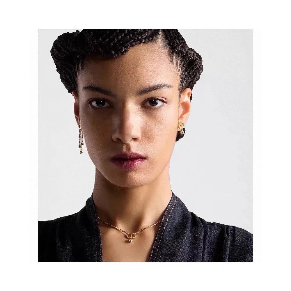 Dior CD Logo Gold Tone Crystal Drop Earrings