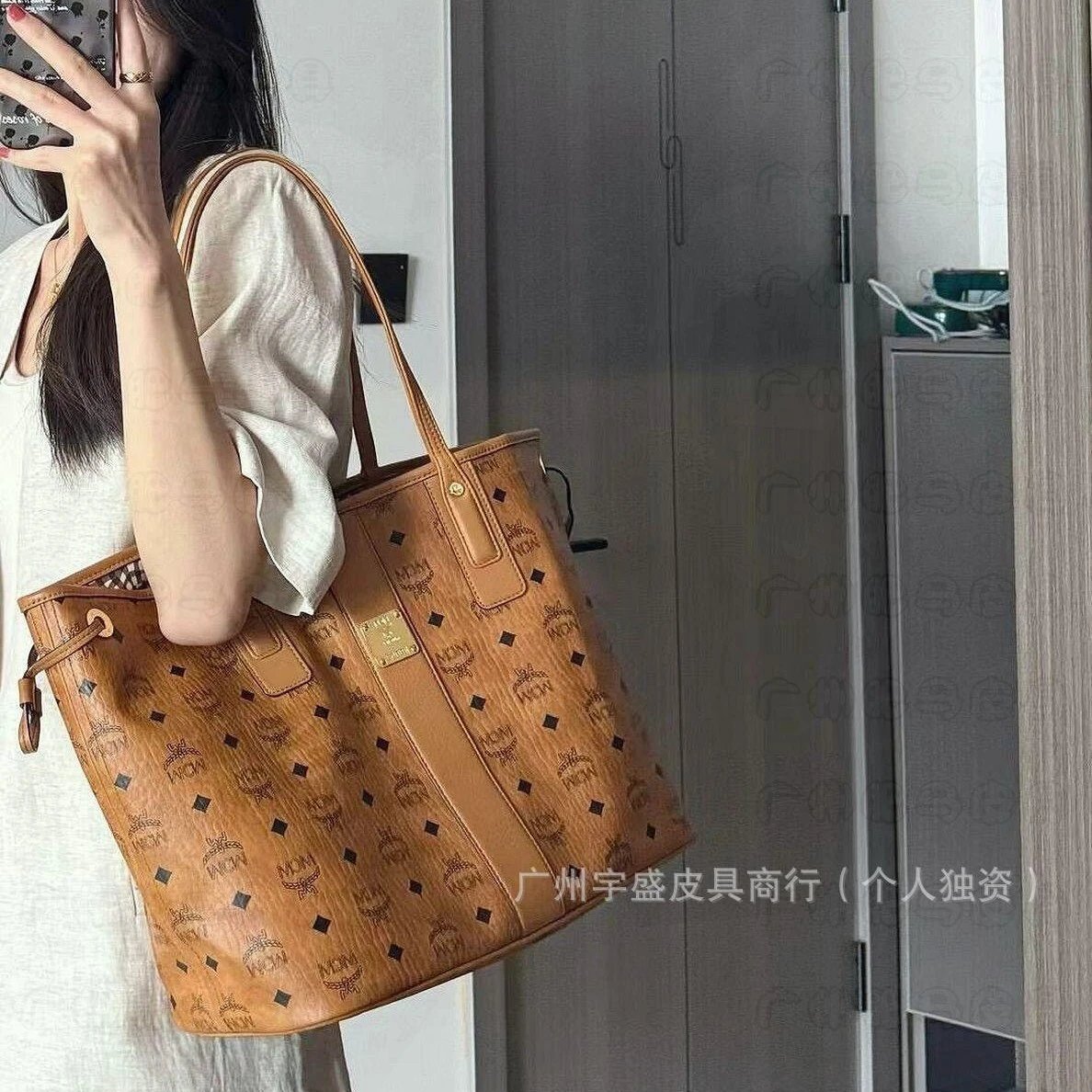 MCM Visetos Tan Brown Monogram Tote Bag