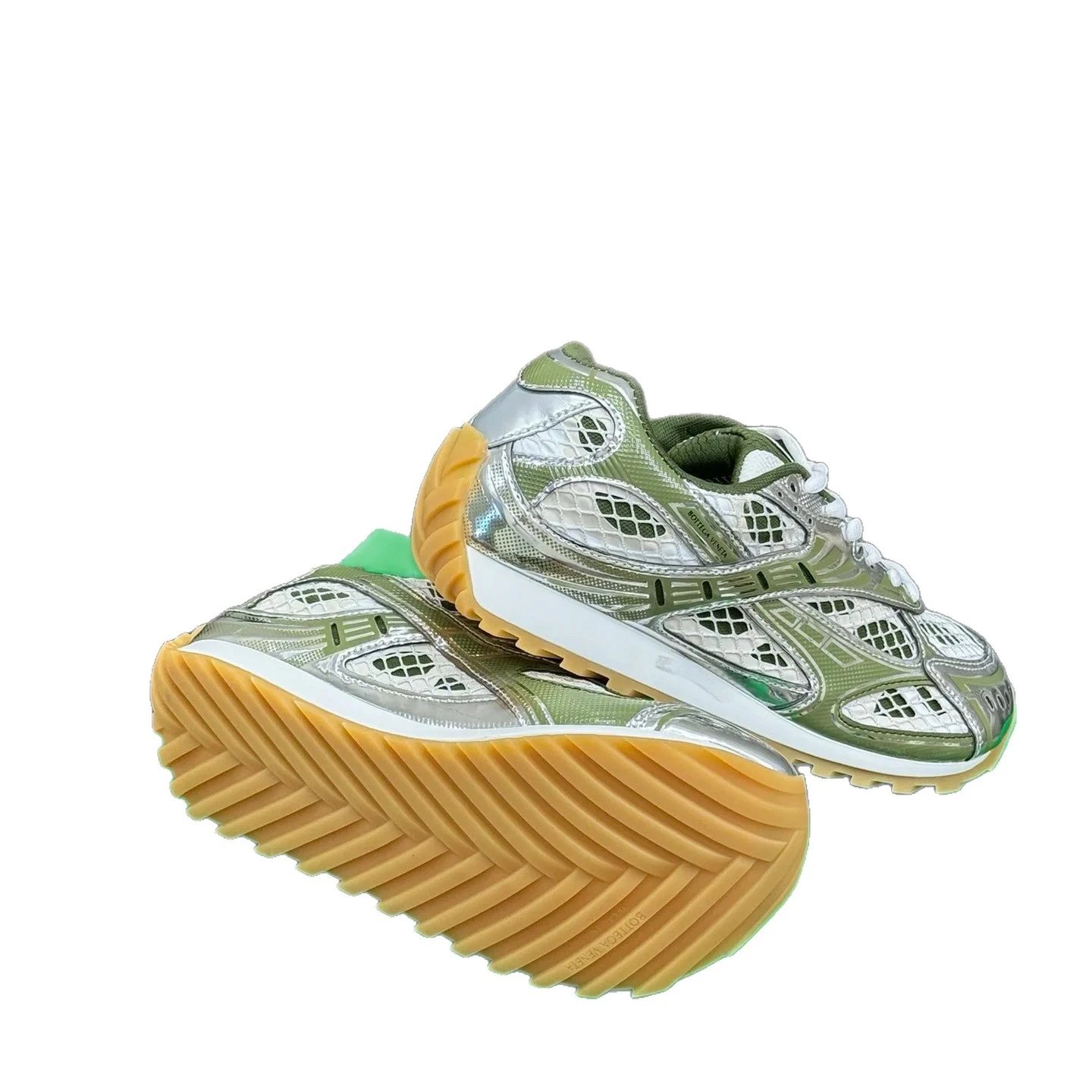 Bottega Veneta Cassette Olive Green Silver Metallic Sneakers