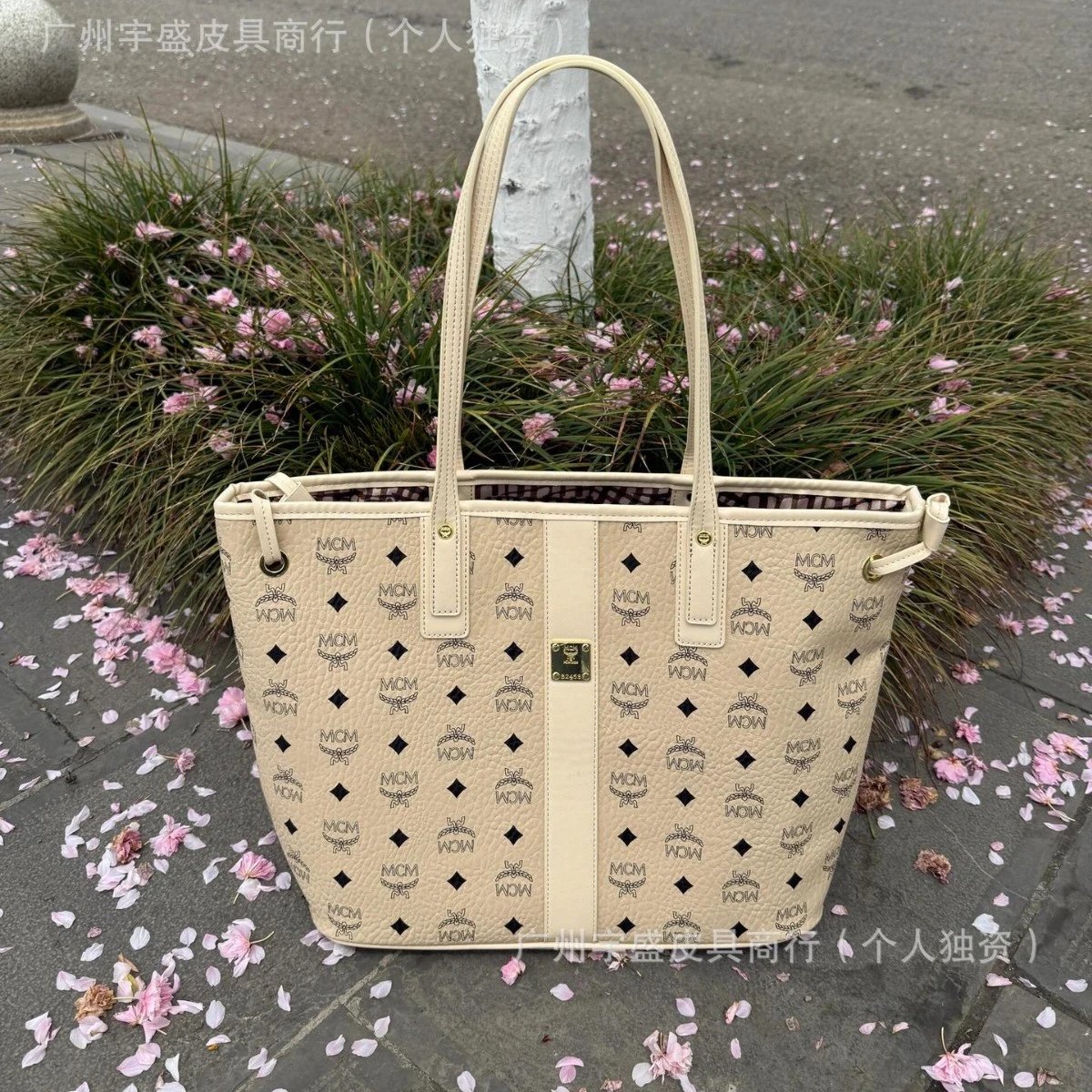 MCM Visetos Tan Brown Monogram Tote Bag